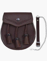 CLASSIC LEATHER KILT SPORRAN with brown embroidery and free chain strap - Scottish Kilt Jacket™ USA-UK